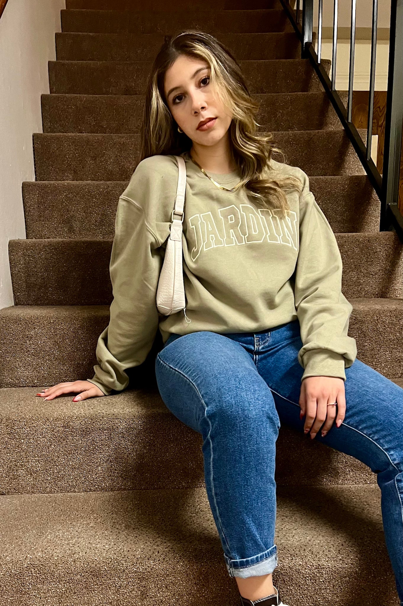 Classic Jardín Letterman Crewneck in Sandstone